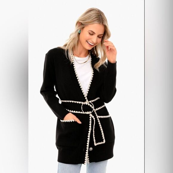 REBECCA TAYLOR Belted Stitched Wool-Blend Cardigan size M - Picture 2 of 14